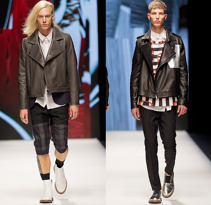 WHYRED 2015 Spring Summer Mens Runway Catwalk Looks - Fashion Week Stockholm Sweden - Psychological Collages Artwork Metallic Silver Parka Outerwear Coat Bomber Jacket Anorak Shorts Multi-Panel Plaid Moto Motorcycle Biker Rider Fold Out Lapel Pants Trousers Jumpsuit One Piece Onesie Stripes Hoodie Vest Waistcoat Sandals Tote Bag Shirt Long Sleeve Asymmetrical Closure Lips Mouth