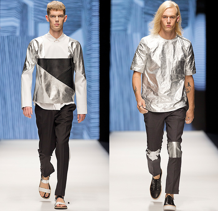 WHYRED 2015 Spring Summer Mens Runway Catwalk Looks - Fashion Week Stockholm Sweden - Psychological Collages Artwork Metallic Silver Parka Outerwear Coat Bomber Jacket Anorak Shorts Multi-Panel Plaid Moto Motorcycle Biker Rider Fold Out Lapel Pants Trousers Jumpsuit One Piece Onesie Stripes Hoodie Vest Waistcoat Sandals Tote Bag Shirt Long Sleeve Asymmetrical Closure Lips Mouth