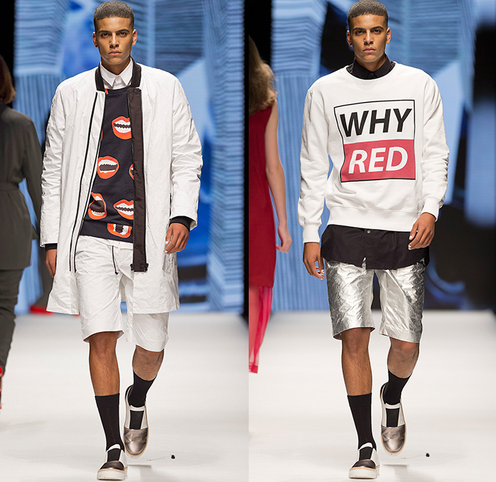 WHYRED 2015 Spring Summer Mens Runway Catwalk Looks - Fashion Week Stockholm Sweden - Psychological Collages Artwork Metallic Silver Parka Outerwear Coat Bomber Jacket Anorak Shorts Multi-Panel Plaid Moto Motorcycle Biker Rider Fold Out Lapel Pants Trousers Jumpsuit One Piece Onesie Stripes Hoodie Vest Waistcoat Sandals Tote Bag Shirt Long Sleeve Asymmetrical Closure Lips Mouth