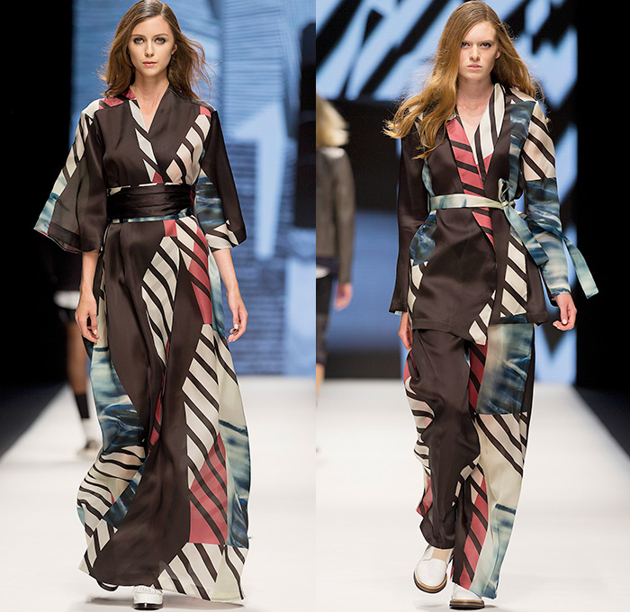 WHYRED 2015 Spring Summer Womens Runway Catwalk Looks - Fashion Week Stockholm Sweden - Psychological Collages Artwork Kimono Wrap Sash Waist Ribbon Maxi Dress Wide Leg Trousers Palazzo Pants Fold Out Lapel Skirt Frock Stripes Handkerchief Hem Banded Strap Asymmetrical Pantsuit Pants Trousers Sheer Chiffon Peek-A-Boo One Off Shoulder Fringes Leather Colorblock Outerwear Jacket