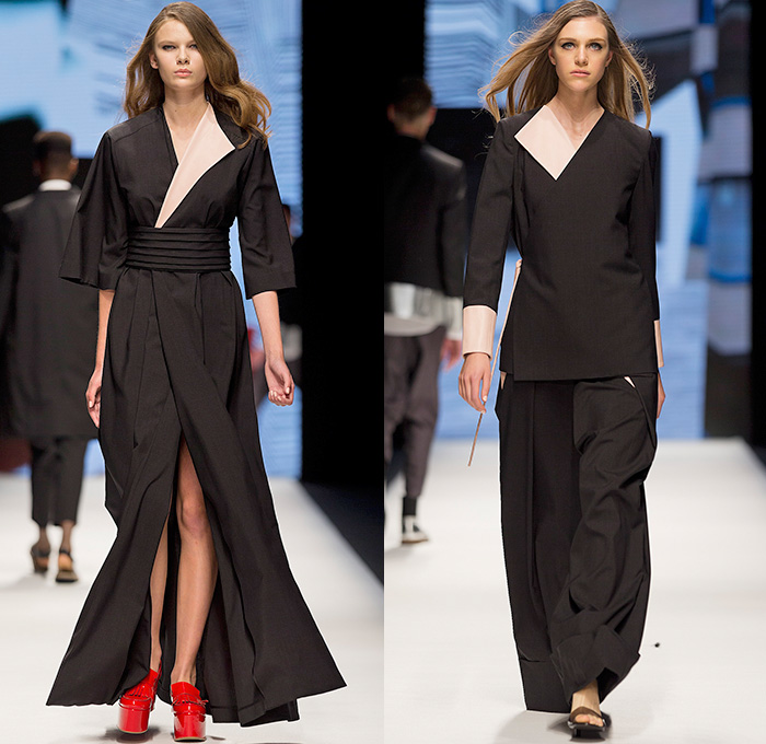 WHYRED 2015 Spring Summer Womens Runway Catwalk Looks - Fashion Week Stockholm Sweden - Psychological Collages Artwork Kimono Wrap Sash Waist Ribbon Maxi Dress Wide Leg Trousers Palazzo Pants Fold Out Lapel Skirt Frock Stripes Handkerchief Hem Banded Strap Asymmetrical Pantsuit Pants Trousers Sheer Chiffon Peek-A-Boo One Off Shoulder Fringes Leather Colorblock Outerwear Jacket