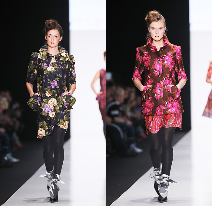 Yez by YEGORZAITSEV 2015 Spring Summer Womens Runway Catwalk Looks - Mercedes-Benz Fashion Week Moscow Russia - Wide Lapel Pointed Collar Sleeveless Vest Waistcoat Skirt Frock Prints Motif Stripes Flowers Florals Botanical Culottes Trousers Outerwear Jacket Wide Leg Palazzo Pants Tights Leggings Trench Coat Dress Tankdress Clown Carnival