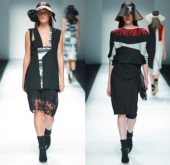 Yirantian Guo 2015 Spring Summer Womens Runway Catwalk Looks - Shanghai Fashion Week China - Cutout Waist Lace Skirt Frock Wide Leg Culottes Shorts Crop Top Midriff Dress Asymmetrical Handkerchief Hem Floppy Hat Visor Sheer Chiffon Peek-A-Boo Blouse Block Out Print Typewriter Outerwear Jacket Vest Waistcoat Sweater Jumper Extra Panel Paper Bag Waist Miniskirt