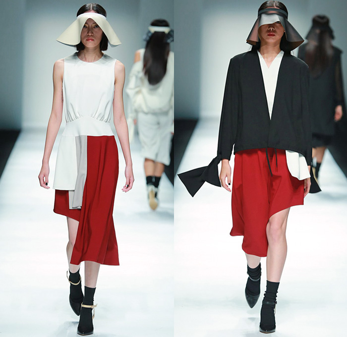 Yirantian Guo 2015 Spring Summer Womens Runway Catwalk Looks - Shanghai Fashion Week China - Cutout Waist Lace Skirt Frock Wide Leg Culottes Shorts Crop Top Midriff Dress Asymmetrical Handkerchief Hem Floppy Hat Visor Sheer Chiffon Peek-A-Boo Blouse Block Out Print Typewriter Outerwear Jacket Vest Waistcoat Sweater Jumper Extra Panel Paper Bag Waist Miniskirt