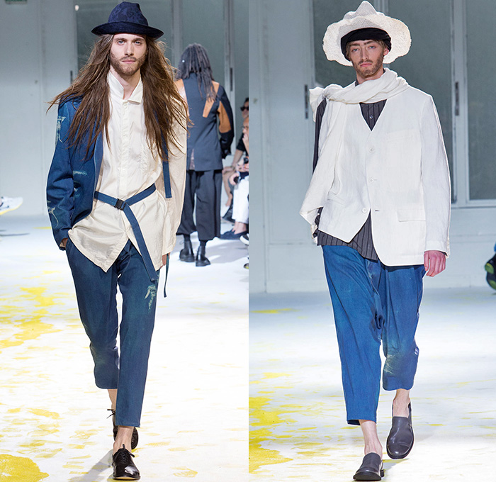 Yohji Yamamoto 2015 Spring Summer Mens Runway Catwalk Collection - Mode à Paris Fashion Week Mode Masculine France - Nomad Denim Jeans Wide Leg Trousers Palazzo Pants Gauchos Culottes Baggy Loose Drapery Headwear Grosgrain Banded Strap Stripes Brocade Buttons Robe Cloak Loungewear Sneakers Mandarin Collar Slouchy Asymmetrical Closure Suit Blazer Outerwear Coat Vest Waistcoat Vertical Stripes Patches Suspenders Paintstrokes