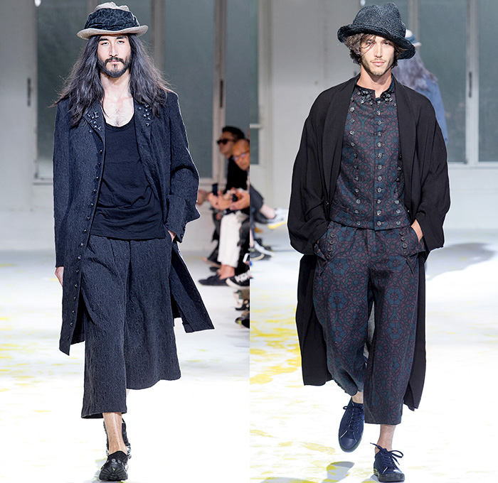 Yohji Yamamoto 2015 Spring Summer Mens Runway Catwalk Collection - Mode à Paris Fashion Week Mode Masculine France - Nomad Denim Jeans Wide Leg Trousers Palazzo Pants Gauchos Culottes Baggy Loose Drapery Headwear Grosgrain Banded Strap Stripes Brocade Buttons Robe Cloak Loungewear Sneakers Mandarin Collar Slouchy Asymmetrical Closure Suit Blazer Outerwear Coat Vest Waistcoat Vertical Stripes Patches Suspenders Paintstrokes