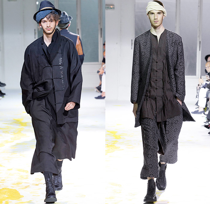 Yohji Yamamoto 2015 Spring Summer Mens Runway Catwalk Collection - Mode à Paris Fashion Week Mode Masculine France - Nomad Denim Jeans Wide Leg Trousers Palazzo Pants Gauchos Culottes Baggy Loose Drapery Headwear Grosgrain Banded Strap Stripes Brocade Buttons Robe Cloak Loungewear Sneakers Mandarin Collar Slouchy Asymmetrical Closure Suit Blazer Outerwear Coat Vest Waistcoat Vertical Stripes Patches Suspenders Paintstrokes