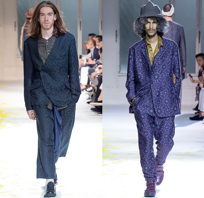 Yohji Yamamoto 2015 Spring Summer Mens Runway Catwalk Collection - Mode à Paris Fashion Week Mode Masculine France - Nomad Denim Jeans Wide Leg Trousers Palazzo Pants Gauchos Culottes Baggy Loose Drapery Headwear Grosgrain Banded Strap Stripes Brocade Buttons Robe Cloak Loungewear Sneakers Mandarin Collar Slouchy Asymmetrical Closure Suit Blazer Outerwear Coat Vest Waistcoat Vertical Stripes Patches Suspenders Paintstrokes