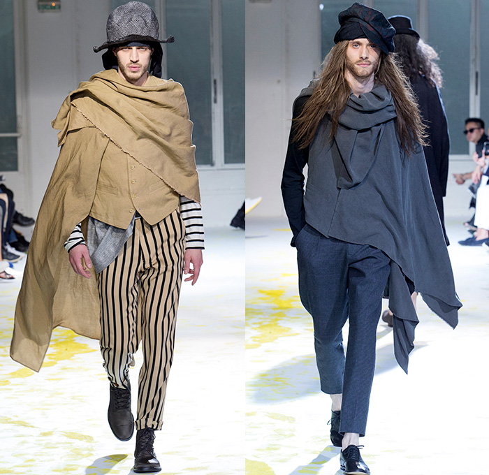 Yohji Yamamoto 2015 Spring Summer Mens Runway Catwalk Collection - Mode à Paris Fashion Week Mode Masculine France - Nomad Denim Jeans Wide Leg Trousers Palazzo Pants Gauchos Culottes Baggy Loose Drapery Headwear Grosgrain Banded Strap Stripes Brocade Buttons Robe Cloak Loungewear Sneakers Mandarin Collar Slouchy Asymmetrical Closure Suit Blazer Outerwear Coat Vest Waistcoat Vertical Stripes Patches Suspenders Paintstrokes