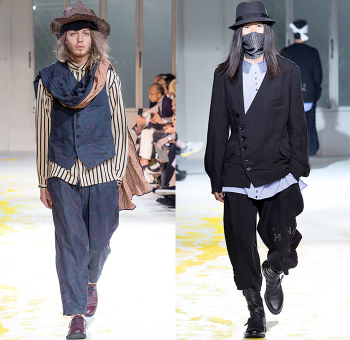 Yohji Yamamoto 2015 Spring Summer Mens Runway Catwalk Collection - Mode à Paris Fashion Week Mode Masculine France - Nomad Denim Jeans Wide Leg Trousers Palazzo Pants Gauchos Culottes Baggy Loose Drapery Headwear Grosgrain Banded Strap Stripes Brocade Buttons Robe Cloak Loungewear Sneakers Mandarin Collar Slouchy Asymmetrical Closure Suit Blazer Outerwear Coat Vest Waistcoat Vertical Stripes Patches Suspenders Paintstrokes