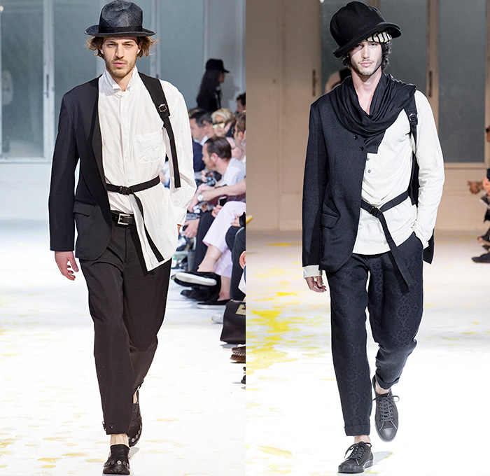 Yohji Yamamoto 2015 Spring Summer Mens Runway Catwalk Collection - Mode à Paris Fashion Week Mode Masculine France - Nomad Denim Jeans Wide Leg Trousers Palazzo Pants Gauchos Culottes Baggy Loose Drapery Headwear Grosgrain Banded Strap Stripes Brocade Buttons Robe Cloak Loungewear Sneakers Mandarin Collar Slouchy Asymmetrical Closure Suit Blazer Outerwear Coat Vest Waistcoat Vertical Stripes Patches Suspenders Paintstrokes