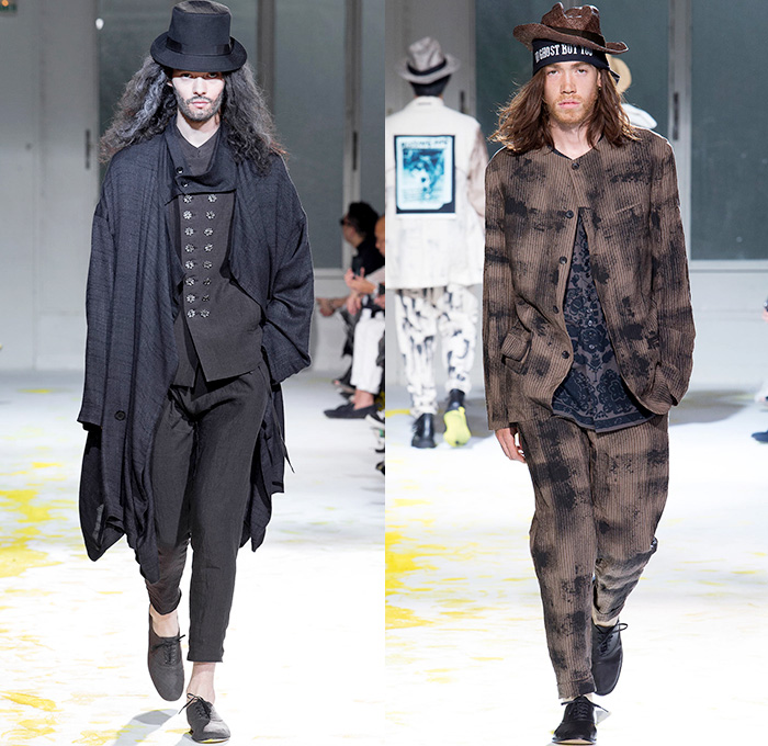 Yohji Yamamoto 2015 Spring Summer Mens Runway Catwalk Collection - Mode à Paris Fashion Week Mode Masculine France - Nomad Denim Jeans Wide Leg Trousers Palazzo Pants Gauchos Culottes Baggy Loose Drapery Headwear Grosgrain Banded Strap Stripes Brocade Buttons Robe Cloak Loungewear Sneakers Mandarin Collar Slouchy Asymmetrical Closure Suit Blazer Outerwear Coat Vest Waistcoat Vertical Stripes Patches Suspenders Paintstrokes