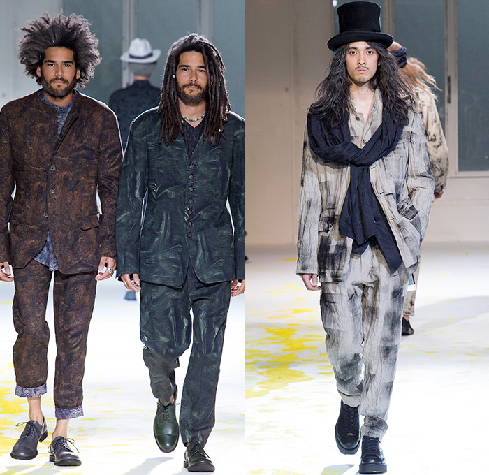 Yohji Yamamoto 2015 Spring Summer Mens Runway Catwalk Collection - Mode à Paris Fashion Week Mode Masculine France - Nomad Denim Jeans Wide Leg Trousers Palazzo Pants Gauchos Culottes Baggy Loose Drapery Headwear Grosgrain Banded Strap Stripes Brocade Buttons Robe Cloak Loungewear Sneakers Mandarin Collar Slouchy Asymmetrical Closure Suit Blazer Outerwear Coat Vest Waistcoat Vertical Stripes Patches Suspenders Paintstrokes