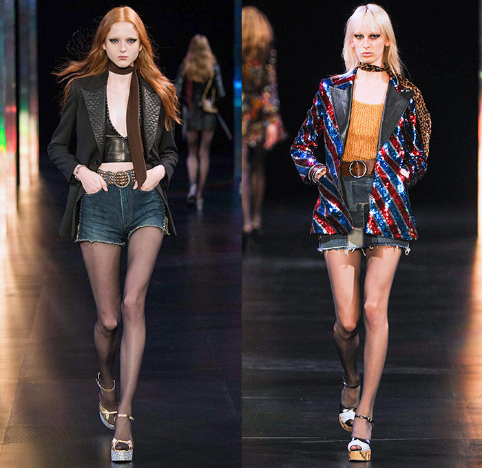 Saint Laurent 2015 Spring Summer Womens Runway Catwalk Looks - Mode à Paris Fashion Week Prêt-à-Porter Mode Féminin Femme France - 1970s Seventies Denim Jeans Patchwork Shorts Low Neckline Studs Sequins Leopard Cheetah Print Flowers Dots Stars Furry Jacket Outerwear Blazer Skirt Frock Stripes Pants Trousers Leather Metallic Embroidery Babydoll Dress Camouflage Snake Python Peacock Feathers Cherries Suede Pantsuit