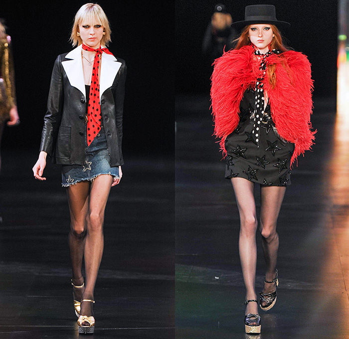 Saint Laurent 2015 Spring Summer Womens Runway Catwalk Looks - Mode à Paris Fashion Week Prêt-à-Porter Mode Féminin Femme France - 1970s Seventies Denim Jeans Patchwork Shorts Low Neckline Studs Sequins Leopard Cheetah Print Flowers Dots Stars Furry Jacket Outerwear Blazer Skirt Frock Stripes Pants Trousers Leather Metallic Embroidery Babydoll Dress Camouflage Snake Python Peacock Feathers Cherries Suede Pantsuit