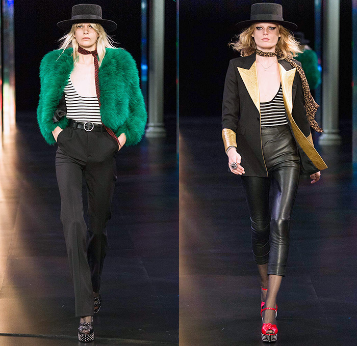 Saint Laurent 2015 Spring Summer Womens Runway Catwalk Looks - Mode à Paris Fashion Week Prêt-à-Porter Mode Féminin Femme France - 1970s Seventies Denim Jeans Patchwork Shorts Low Neckline Studs Sequins Leopard Cheetah Print Flowers Dots Stars Furry Jacket Outerwear Blazer Skirt Frock Stripes Pants Trousers Leather Metallic Embroidery Babydoll Dress Camouflage Snake Python Peacock Feathers Cherries Suede Pantsuit