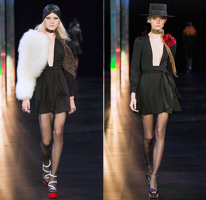 Saint Laurent 2015 Spring Summer Womens Runway Catwalk Looks - Mode à Paris Fashion Week Prêt-à-Porter Mode Féminin Femme France - 1970s Seventies Denim Jeans Patchwork Shorts Low Neckline Studs Sequins Leopard Cheetah Print Flowers Dots Stars Furry Jacket Outerwear Blazer Skirt Frock Stripes Pants Trousers Leather Metallic Embroidery Babydoll Dress Camouflage Snake Python Peacock Feathers Cherries Suede Pantsuit