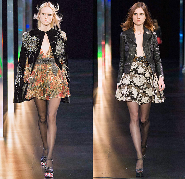 Saint Laurent 2015 Spring Summer Womens Runway Catwalk Looks - Mode à Paris Fashion Week Prêt-à-Porter Mode Féminin Femme France - 1970s Seventies Denim Jeans Patchwork Shorts Low Neckline Studs Sequins Leopard Cheetah Print Flowers Dots Stars Furry Jacket Outerwear Blazer Skirt Frock Stripes Pants Trousers Leather Metallic Embroidery Babydoll Dress Camouflage Snake Python Peacock Feathers Cherries Suede Pantsuit