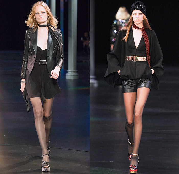 Saint Laurent 2015 Spring Summer Womens Runway Catwalk Looks - Mode à Paris Fashion Week Prêt-à-Porter Mode Féminin Femme France - 1970s Seventies Denim Jeans Patchwork Shorts Low Neckline Studs Sequins Leopard Cheetah Print Flowers Dots Stars Furry Jacket Outerwear Blazer Skirt Frock Stripes Pants Trousers Leather Metallic Embroidery Babydoll Dress Camouflage Snake Python Peacock Feathers Cherries Suede Pantsuit