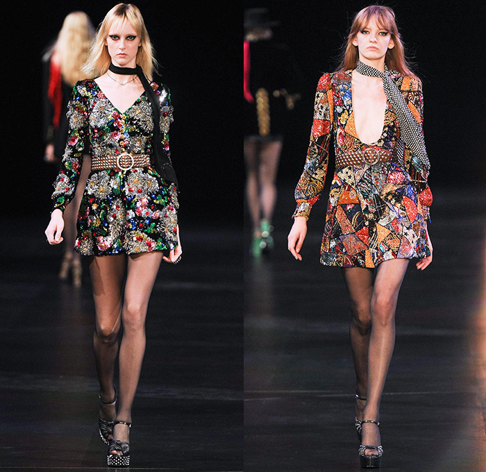 Saint Laurent 2015 Spring Summer Womens Runway Catwalk Looks - Mode à Paris Fashion Week Prêt-à-Porter Mode Féminin Femme France - 1970s Seventies Denim Jeans Patchwork Shorts Low Neckline Studs Sequins Leopard Cheetah Print Flowers Dots Stars Furry Jacket Outerwear Blazer Skirt Frock Stripes Pants Trousers Leather Metallic Embroidery Babydoll Dress Camouflage Snake Python Peacock Feathers Cherries Suede Pantsuit