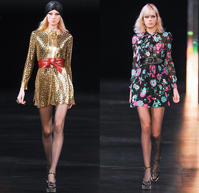 Saint Laurent 2015 Spring Summer Womens Runway Catwalk Looks - Mode à Paris Fashion Week Prêt-à-Porter Mode Féminin Femme France - 1970s Seventies Denim Jeans Patchwork Shorts Low Neckline Studs Sequins Leopard Cheetah Print Flowers Dots Stars Furry Jacket Outerwear Blazer Skirt Frock Stripes Pants Trousers Leather Metallic Embroidery Babydoll Dress Camouflage Snake Python Peacock Feathers Cherries Suede Pantsuit