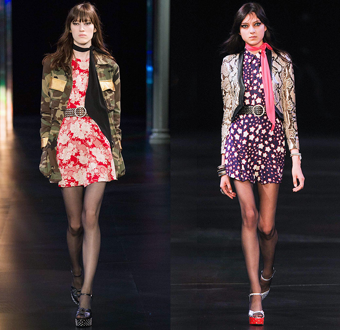 Saint Laurent 2015 Spring Summer Womens Runway Catwalk Looks - Mode à Paris Fashion Week Prêt-à-Porter Mode Féminin Femme France - 1970s Seventies Denim Jeans Patchwork Shorts Low Neckline Studs Sequins Leopard Cheetah Print Flowers Dots Stars Furry Jacket Outerwear Blazer Skirt Frock Stripes Pants Trousers Leather Metallic Embroidery Babydoll Dress Camouflage Snake Python Peacock Feathers Cherries Suede Pantsuit