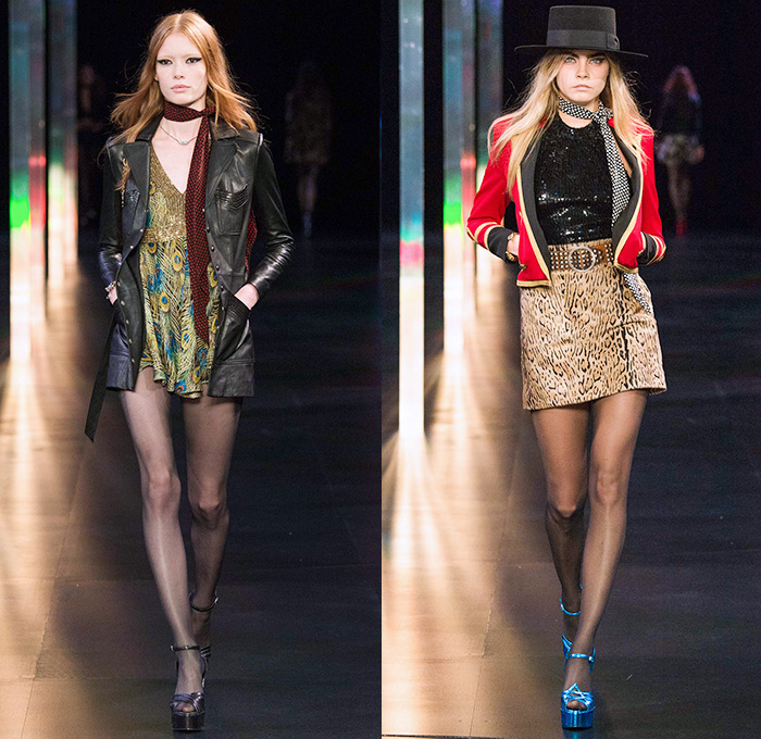 Saint Laurent 2015 Spring Summer Womens Runway Catwalk Looks - Mode à Paris Fashion Week Prêt-à-Porter Mode Féminin Femme France - 1970s Seventies Denim Jeans Patchwork Shorts Low Neckline Studs Sequins Leopard Cheetah Print Flowers Dots Stars Furry Jacket Outerwear Blazer Skirt Frock Stripes Pants Trousers Leather Metallic Embroidery Babydoll Dress Camouflage Snake Python Peacock Feathers Cherries Suede Pantsuit