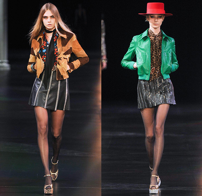 Saint Laurent 2015 Spring Summer Womens Runway Catwalk Looks - Mode à Paris Fashion Week Prêt-à-Porter Mode Féminin Femme France - 1970s Seventies Denim Jeans Patchwork Shorts Low Neckline Studs Sequins Leopard Cheetah Print Flowers Dots Stars Furry Jacket Outerwear Blazer Skirt Frock Stripes Pants Trousers Leather Metallic Embroidery Babydoll Dress Camouflage Snake Python Peacock Feathers Cherries Suede Pantsuit