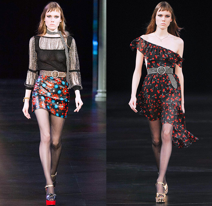 Saint Laurent 2015 Spring Summer Womens Runway Catwalk Looks - Mode à Paris Fashion Week Prêt-à-Porter Mode Féminin Femme France - 1970s Seventies Denim Jeans Patchwork Shorts Low Neckline Studs Sequins Leopard Cheetah Print Flowers Dots Stars Furry Jacket Outerwear Blazer Skirt Frock Stripes Pants Trousers Leather Metallic Embroidery Babydoll Dress Camouflage Snake Python Peacock Feathers Cherries Suede Pantsuit