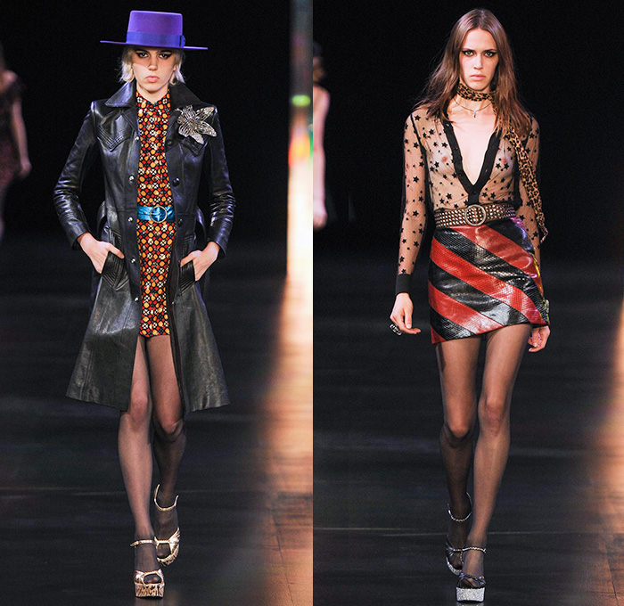 Saint Laurent 2015 Spring Summer Womens Runway Catwalk Looks - Mode à Paris Fashion Week Prêt-à-Porter Mode Féminin Femme France - 1970s Seventies Denim Jeans Patchwork Shorts Low Neckline Studs Sequins Leopard Cheetah Print Flowers Dots Stars Furry Jacket Outerwear Blazer Skirt Frock Stripes Pants Trousers Leather Metallic Embroidery Babydoll Dress Camouflage Snake Python Peacock Feathers Cherries Suede Pantsuit