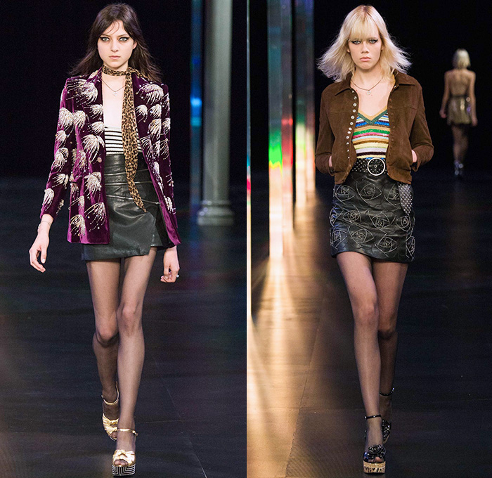 Saint Laurent 2015 Spring Summer Womens Runway Catwalk Looks - Mode à Paris Fashion Week Prêt-à-Porter Mode Féminin Femme France - 1970s Seventies Denim Jeans Patchwork Shorts Low Neckline Studs Sequins Leopard Cheetah Print Flowers Dots Stars Furry Jacket Outerwear Blazer Skirt Frock Stripes Pants Trousers Leather Metallic Embroidery Babydoll Dress Camouflage Snake Python Peacock Feathers Cherries Suede Pantsuit