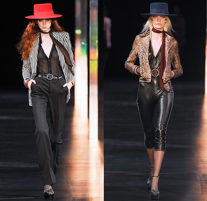 Saint Laurent 2015 Spring Summer Womens Runway Catwalk Looks - Mode à Paris Fashion Week Prêt-à-Porter Mode Féminin Femme France - 1970s Seventies Denim Jeans Patchwork Shorts Low Neckline Studs Sequins Leopard Cheetah Print Flowers Dots Stars Furry Jacket Outerwear Blazer Skirt Frock Stripes Pants Trousers Leather Metallic Embroidery Babydoll Dress Camouflage Snake Python Peacock Feathers Cherries Suede Pantsuit