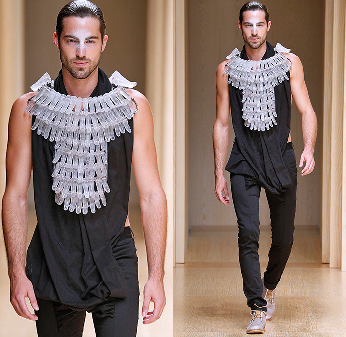 Zazo & Brull 2015 Spring Summer Mens Runway Catwalk Looks - 080 Barcelona Fashion Catalonia Catalan Spain - Plastic Rubber Fingers Necklace Drapery Tribal Native Ethnic Mesh X-Shape Cross Weave Vest Waistcoat Vestcoat 3D Embellishments Tassels Shorts Over Pants Tank Top Perforated Weave Braid Knots Abstract Cropped Sleeves
