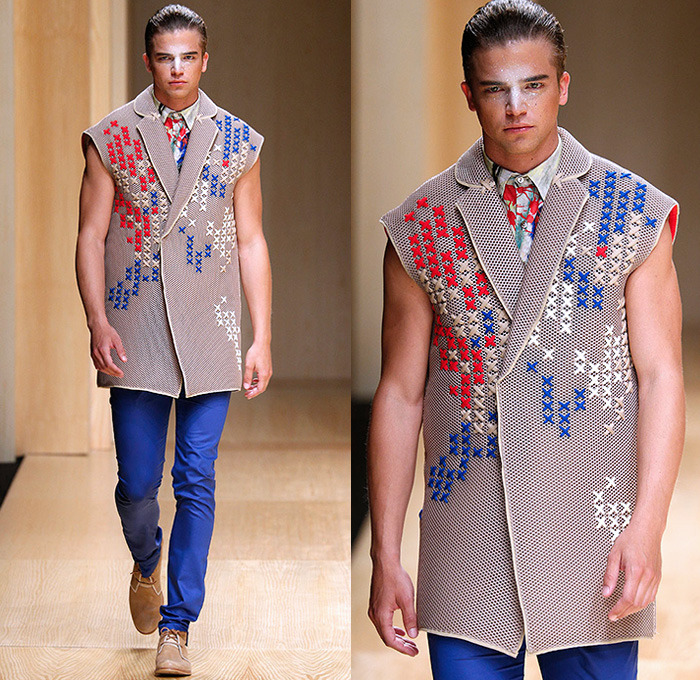 Zazo & Brull 2015 Spring Summer Mens Runway Catwalk Looks - 080 Barcelona Fashion Catalonia Catalan Spain - Plastic Rubber Fingers Necklace Drapery Tribal Native Ethnic Mesh X-Shape Cross Weave Vest Waistcoat Vestcoat 3D Embellishments Tassels Shorts Over Pants Tank Top Perforated Weave Braid Knots Abstract Cropped Sleeves