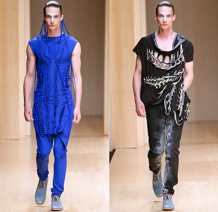 Zazo & Brull 2015 Spring Summer Mens Runway Catwalk Looks - 080 Barcelona Fashion Catalonia Catalan Spain - Plastic Rubber Fingers Necklace Drapery Tribal Native Ethnic Mesh X-Shape Cross Weave Vest Waistcoat Vestcoat 3D Embellishments Tassels Shorts Over Pants Tank Top Perforated Weave Braid Knots Abstract Cropped Sleeves