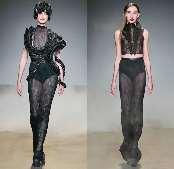 Zyanya Keizer 2015 Spring Summer Womens Runway Looks - FashionWeek Nederland Amsterdam Netherlands - Organic Futuristic Ruffles Gathers Layers Dress Sheer Chiffon Peek-A-Boo Crop Top Midriff Sleeveless Fringes Flapper Cutout Leggings Embroidery Studded