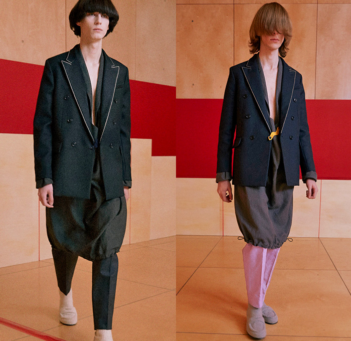 Acne Studios 2016-2017 Fall Autumn Winter Mens Lookbook Presentation - Mode à Paris Fashion Week Mode Masculine France - Grommet Eyelet Ring Oversized Outerwear Coat Double-Breasted Jacket Blazer Pants Trousers Androgynous Manskirt Weave Chunky Knit Vest Waistcoat Tuxedo Zigzag Stripe Scarf Sleek Leather Sweater Jumper Long Sleeve Shirt Cargo Pockets Drawstring