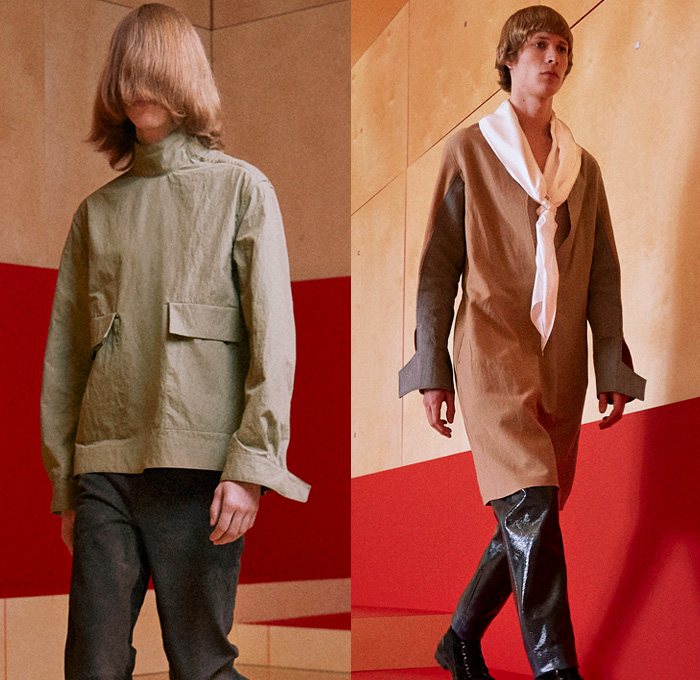 Acne Studios 2016-2017 Fall Autumn Winter Mens Lookbook Presentation - Mode à Paris Fashion Week Mode Masculine France - Grommet Eyelet Ring Oversized Outerwear Coat Double-Breasted Jacket Blazer Pants Trousers Androgynous Manskirt Weave Chunky Knit Vest Waistcoat Tuxedo Zigzag Stripe Scarf Sleek Leather Sweater Jumper Long Sleeve Shirt Cargo Pockets Drawstring