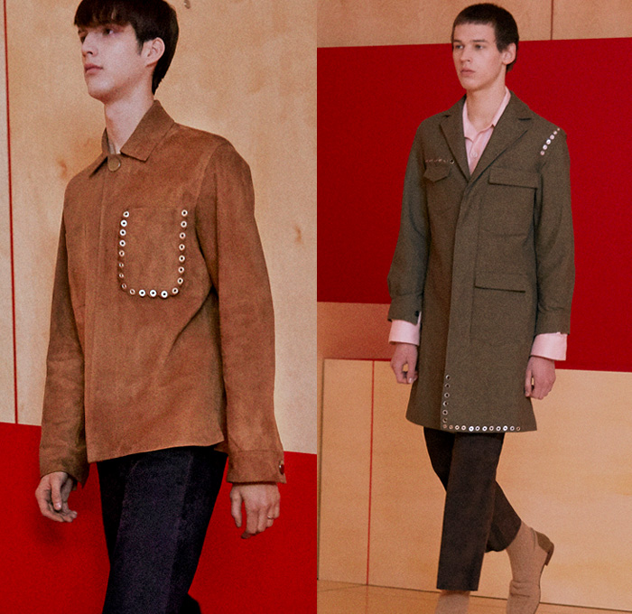 Acne Studios 2016-2017 Fall Autumn Winter Mens Lookbook Presentation - Mode à Paris Fashion Week Mode Masculine France - Grommet Eyelet Ring Oversized Outerwear Coat Double-Breasted Jacket Blazer Pants Trousers Androgynous Manskirt Weave Chunky Knit Vest Waistcoat Tuxedo Zigzag Stripe Scarf Sleek Leather Sweater Jumper Long Sleeve Shirt Cargo Pockets Drawstring