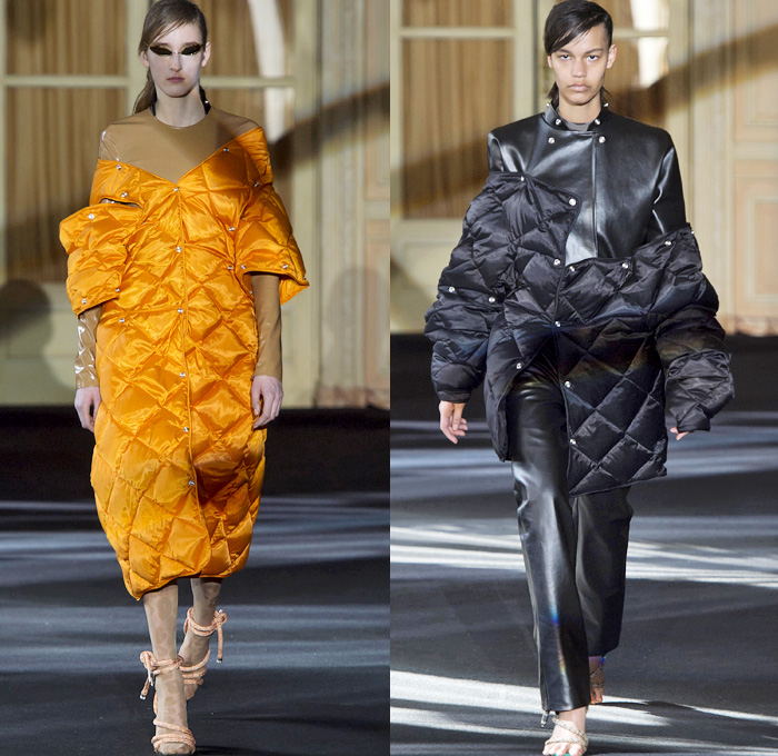 Acne Studios 2016-2017 Fall Autumn Winter Womens Runway Catwalk Collection Looks - Paris Fashion Week Mode à Paris France - 1980s Eighties PVC Vinyl Unitard Leotard Outerwear Trench Coat Quilted Waffle Puffer Onesie Jumpsuit Coveralls Sheer Chiffon Leather Leggings Stockings Tights Dress Sleek Miniskirt Loose Baggy Crop Top Midriff Sleeveless Vest Waistcoat Wire Thigh High Boots Boots Wide Belt Sandals Handbag Tote Snap Buttons Stripes