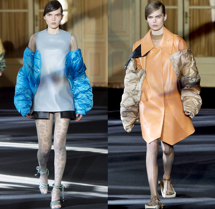 Acne Studios 2016-2017 Fall Autumn Winter Womens Runway Catwalk Collection Looks - Paris Fashion Week Mode à Paris France - 1980s Eighties PVC Vinyl Unitard Leotard Outerwear Trench Coat Quilted Waffle Puffer Onesie Jumpsuit Coveralls Sheer Chiffon Leather Leggings Stockings Tights Dress Sleek Miniskirt Loose Baggy Crop Top Midriff Sleeveless Vest Waistcoat Wire Thigh High Boots Boots Wide Belt Sandals Handbag Tote Snap Buttons Stripes