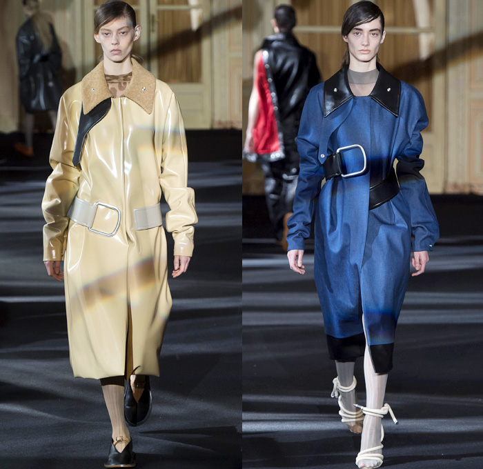 Acne Studios 2016-2017 Fall Autumn Winter Womens Runway Catwalk Collection Looks - Paris Fashion Week Mode à Paris France - 1980s Eighties PVC Vinyl Unitard Leotard Outerwear Trench Coat Quilted Waffle Puffer Onesie Jumpsuit Coveralls Sheer Chiffon Leather Leggings Stockings Tights Dress Sleek Miniskirt Loose Baggy Crop Top Midriff Sleeveless Vest Waistcoat Wire Thigh High Boots Boots Wide Belt Sandals Handbag Tote Snap Buttons Stripes