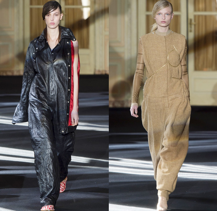 Acne Studios 2016-2017 Fall Autumn Winter Womens Runway Catwalk Collection Looks - Paris Fashion Week Mode à Paris France - 1980s Eighties PVC Vinyl Unitard Leotard Outerwear Trench Coat Quilted Waffle Puffer Onesie Jumpsuit Coveralls Sheer Chiffon Leather Leggings Stockings Tights Dress Sleek Miniskirt Loose Baggy Crop Top Midriff Sleeveless Vest Waistcoat Wire Thigh High Boots Boots Wide Belt Sandals Handbag Tote Snap Buttons Stripes