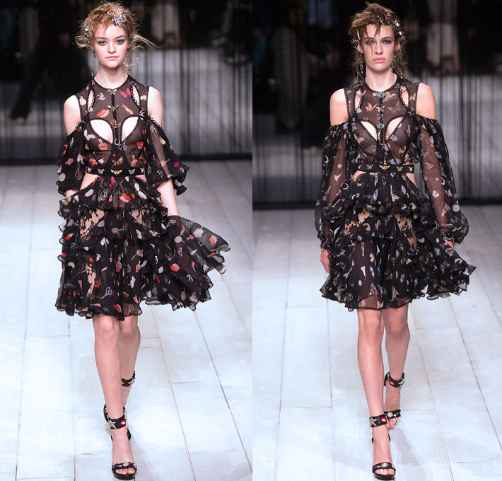 Alexander McQueen 2016-2017 Fall Autumn Winter Womens Runway Catwalk Collection Looks - London Fashion Week UK United Kingdom - Surreal Dark Dream Butterflies Animals Unicorn Embroidery Kaleidoscope Handpainted Flowers Floral Leather Corset Pocket Watch Art Satin Duvet Bedazzled Jewels Brooch Sequins Sheer Chiffon Tulle Lace Mesh Pantsuit Coat Furry Shearling Gown Eveningwear Straps Belts Cutout Dress Biker