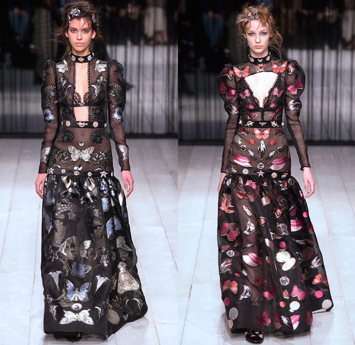 Alexander McQueen 2016-2017 Fall Autumn Winter Womens Runway Catwalk Collection Looks - London Fashion Week UK United Kingdom - Surreal Dark Dream Butterflies Animals Unicorn Embroidery Kaleidoscope Handpainted Flowers Floral Leather Corset Pocket Watch Art Satin Duvet Bedazzled Jewels Brooch Sequins Sheer Chiffon Tulle Lace Mesh Pantsuit Coat Furry Shearling Gown Eveningwear Straps Belts Cutout Dress Biker