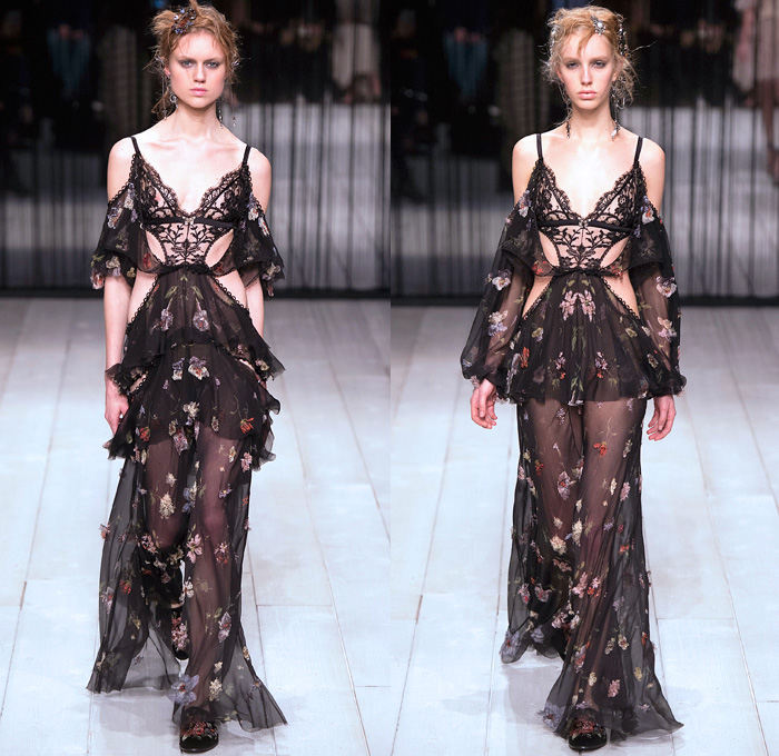 Alexander McQueen 2016-2017 Fall Autumn Winter Womens Runway Catwalk Collection Looks - London Fashion Week UK United Kingdom - Surreal Dark Dream Butterflies Animals Unicorn Embroidery Kaleidoscope Handpainted Flowers Floral Leather Corset Pocket Watch Art Satin Duvet Bedazzled Jewels Brooch Sequins Sheer Chiffon Tulle Lace Mesh Pantsuit Coat Furry Shearling Gown Eveningwear Straps Belts Cutout Dress Biker