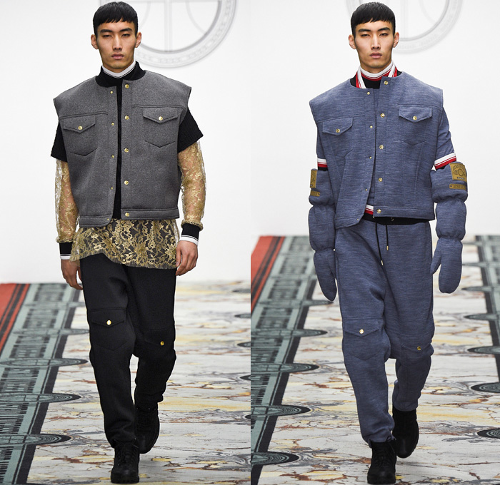 Astrid Andersen 2016-2017 Fall Autumn Winter Mens Runway Catwalk Looks - London Collections: Men British Fashion Council UK United Kingdom - Sportswear Activewear Streetwear Wool Cargo Pockets Scarf Chunky Knit Braid Sweater Jumper Vest Onesie Jumpsuit Coveralls Bib Brace Dungarees Plaid Tartan Waffle Quilted Fringes Nylon Shirt Outerwear Coat Jacket Furry Plush