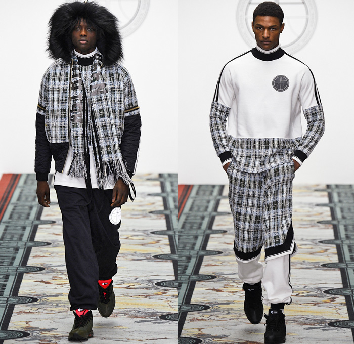 Astrid Andersen 2016-2017 Fall Autumn Winter Mens Runway Catwalk Looks - London Collections: Men British Fashion Council UK United Kingdom - Sportswear Activewear Streetwear Wool Cargo Pockets Scarf Chunky Knit Braid Sweater Jumper Vest Onesie Jumpsuit Coveralls Bib Brace Dungarees Plaid Tartan Waffle Quilted Fringes Nylon Shirt Outerwear Coat Jacket Furry Plush