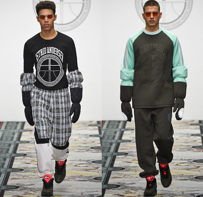 Astrid Andersen 2016-2017 Fall Autumn Winter Mens Runway Catwalk Looks - London Collections: Men British Fashion Council UK United Kingdom - Sportswear Activewear Streetwear Wool Cargo Pockets Scarf Chunky Knit Braid Sweater Jumper Vest Onesie Jumpsuit Coveralls Bib Brace Dungarees Plaid Tartan Waffle Quilted Fringes Nylon Shirt Outerwear Coat Jacket Furry Plush