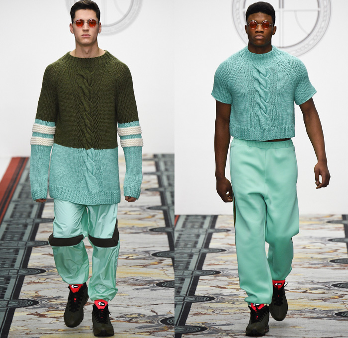 Astrid Andersen 2016-2017 Fall Autumn Winter Mens Runway Catwalk Looks - London Collections: Men British Fashion Council UK United Kingdom - Sportswear Activewear Streetwear Wool Cargo Pockets Scarf Chunky Knit Braid Sweater Jumper Vest Onesie Jumpsuit Coveralls Bib Brace Dungarees Plaid Tartan Waffle Quilted Fringes Nylon Shirt Outerwear Coat Jacket Furry Plush